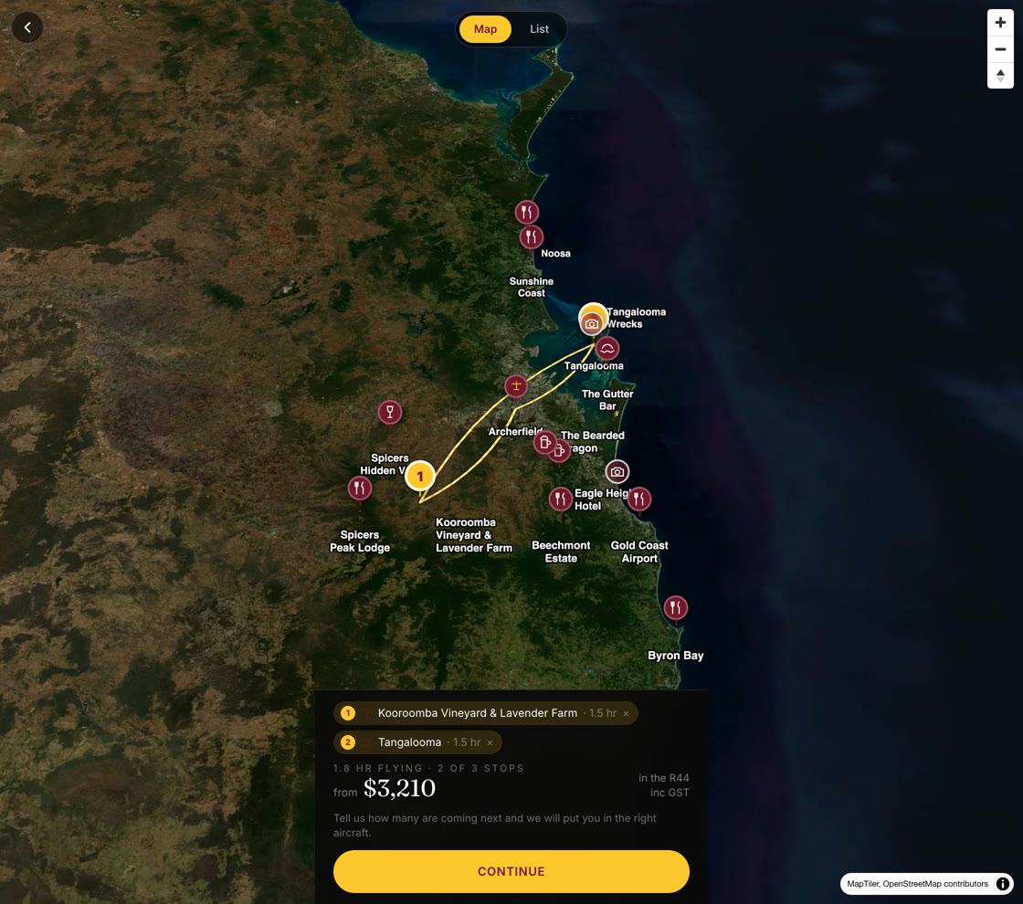 The Vantage day builder, showing a route from Archerfield to Kooroomba and Tangalooma over satellite imagery, priced at $3,210