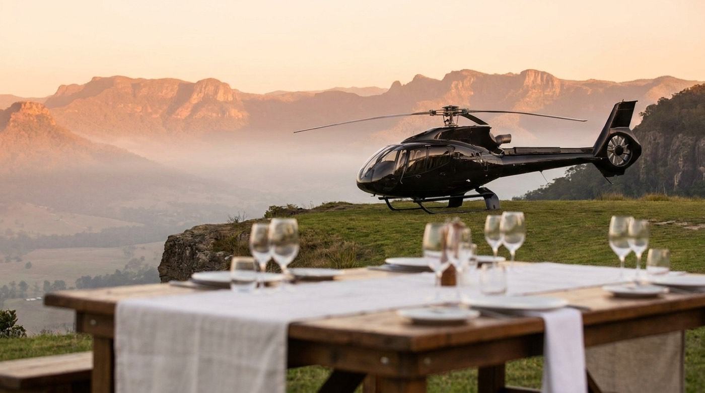 The Long Lunch: Land on the escarpment, the aircraft waits while you eat, home by golden hour.